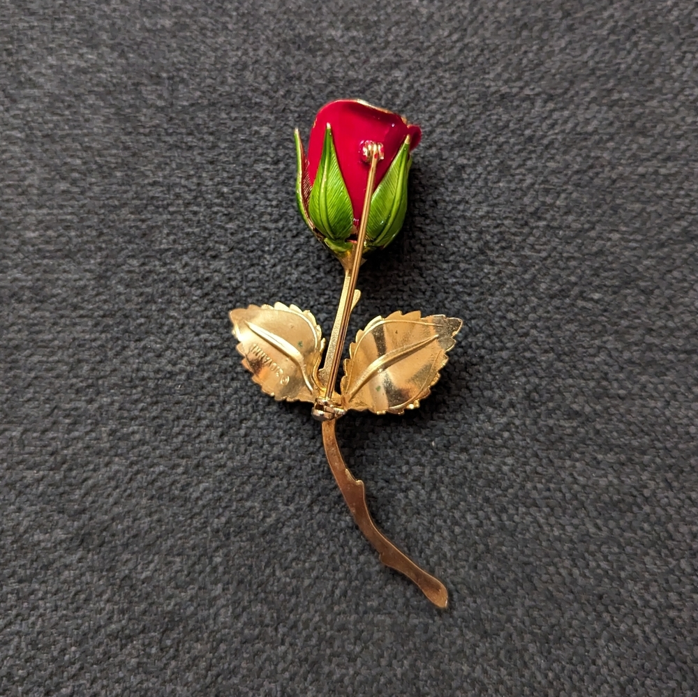 Vintage Rose Brooche, Red and Green Enamel- Giovanni - Picture 2 of 6